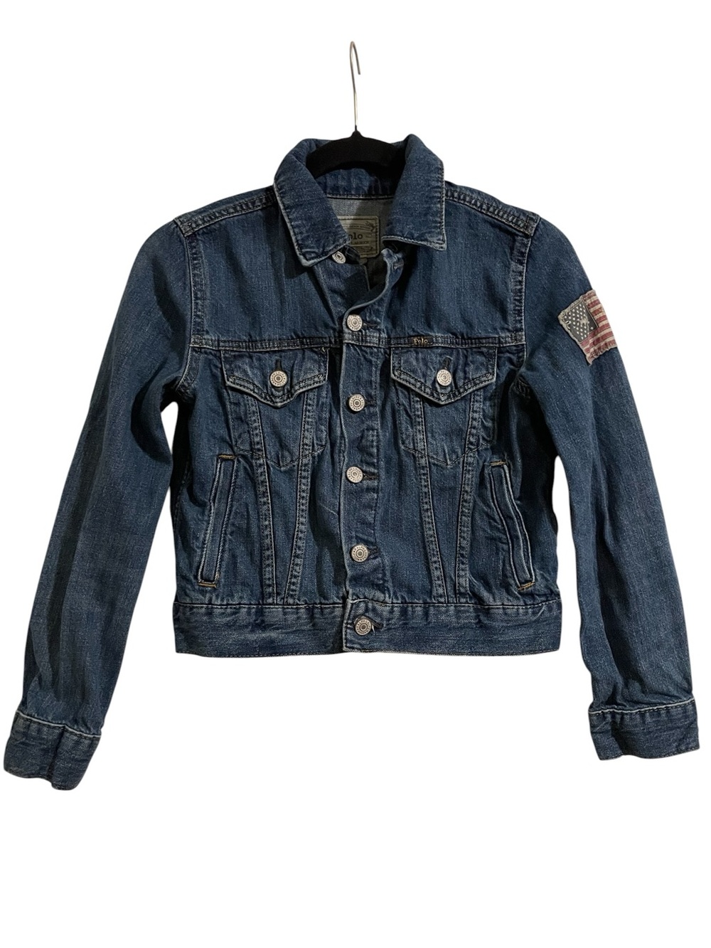 Polo Ralph Lauren Blue Denim Jacket with Flag Sleeve Patch Girls Medium 10/12